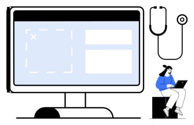 Bilgisayar ekranında bir web sitesi modeli, steteskop sağlık hizmetlerini sembolize ediyor ve dizüstü bilgisayarda çalışan bir kadın oturuyor. Teletıp için ideal, online danışma, tıbbi yenilik, uzak çalışma