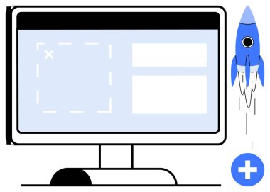 Arayüz dizaynlı bilgisayar monitörü, roketin fırlatılması ve ekleme sembolü. Başlangıç için ideal, yenilik, büyüme, teknoloji, gelişim yaratıcılığı. Basit bir düz metafor.