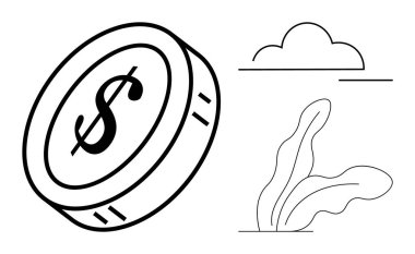 Üzerinde dolar sembolü olan sikke soyut yaprak ve bulut çizgilerinin yanında yüzüyor. Finans, ekonomi, büyüme, doğa, tasarruf, yatırım, zenginlik kavramları için idealdir. Basit düz metafor