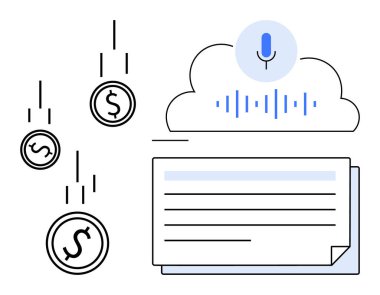 Bozuk paralar düşüyor, mikrofonlu bulutlar, ses dalgaları, belgeler. Yapay zeka teknolojisi, finans, transkripsiyon, dijital ödeme, yenilikçi otomasyon iletişimi için idealdir. Basit düz metafor