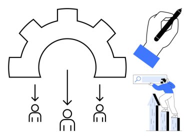 Üç kullanıcıya görev dağıtımı, planlama için kalem tutma, bar grafiğinde araştırma yapan kişi. Takım çalışması, süreç optimizasyonu, liderlik, büyüme stratejisi, iş planlaması, veri