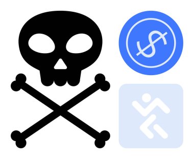 Kafatası ve çapraz kemikler, mavi çemberde dolar işareti ve kaçan figür ikonu tehlike, finansal risk ve aciliyeti gösteriyor. Güvenlik için ideal, dolandırıcılık uyarısı, ekonomi, kriz korkusu alarmı basit düz alarm