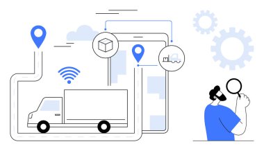 GPS işaretli bir kargo kamyonu tablette dijital harita kablosuz bağlantı ikonu, kutular ve vitesler. Lojistik, dağıtım, teknoloji, operasyon yönetimi verimliliği için ideal