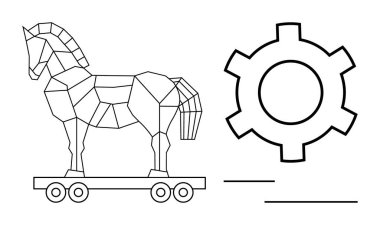 Geometrik Truva atı bir vites sembolünün yanında. Siber güvenlik, teknoloji, kodlama, veri koruması, hackleme, yenilik, takım çalışması için ideal. Basit bir iniş sayfası için mükemmel.