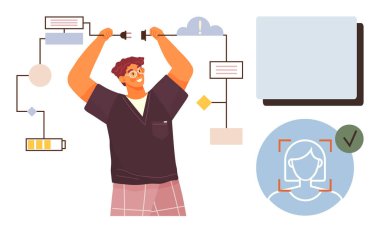 Devreye kablo bağlayan mühendis, yüz tanıma arayüzü, diyagramlar, akış şeması elementleri. Teknoloji, yenilik, yapay zeka, optimizasyon yönetimi otomasyon takım çalışması için idealdir. Basit.