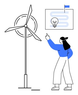 Rüzgar türbini, fikir panosuna ampul ve zaman çizelgesiyle bakan bir kadının yanında. Yenilenebilir enerji, yenilik, sunum, beyin fırtınası, eğitim, sürdürülebilirlik, takım çalışması için ideal. Düz