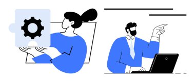 Kadın teçhizat bulmacası tutuyor, adam dizüstü bilgisayarla işaret ediyor. Takım çalışması, yenilik, beyin fırtınası, planlama, liderlik, karar verme işi için ideal. Basit düz metafor