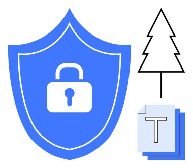 Asma kilitli mavi bir kalkan, ağaç sembolü, siber güvenliği, çevreyi ve dosya korumasını temsil eden dijital dökümanlar. Siber güvenlik, veri gizliliği, çevresel temalar ve dijital için ideal