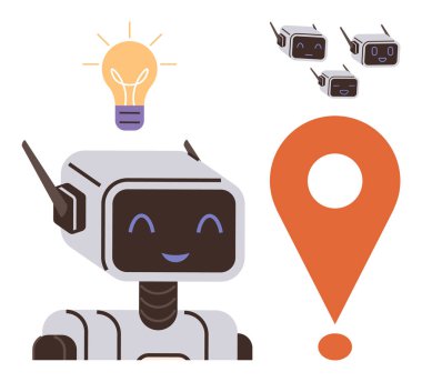 Gülümseyen robot karakter parlak ampul ve konum simgesi ile fikirler üretiyor. Teknoloji, yenilik, yapay zeka, navigasyon, yaratıcılık, robotik ve gelecek temalar için idealdir. Basit düz