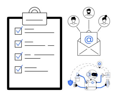 Robot görevleri yerine getiriyor, işaretli ögelerle kontrol listesi, e-posta adresi kullanıcıları. Otomasyon, verimlilik, iletişim, teknoloji, takım çalışması görev yönetimi işbirliği için idealdir. Basit düz