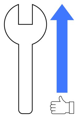 İngiliz anahtarı, yukarı doğru ok ve onarım, ilerleme, onay, büyüme, teknik destek, başarı ve verimliliği sembolize eden baş parmak işareti. Takım çalışması iş büyüme motivasyonu ve basit iniş için ideal