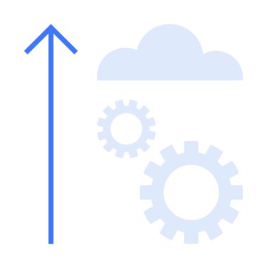 Mavi yukarı doğru ok, veri transferini, bulut hesaplamasını ve işlem optimizasyonunu sembolize eden iki dişli bir bulutu gösteriyor. Teknoloji, yenilik, üretkenlik, verimlilik, bağlantı için ideal