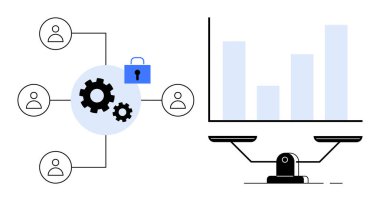 Bağlı kullanıcılar, güvenli vitesler, veri güvenliğini, ölçeği ve çubuk grafik dengeleyici kararları sembolize eden kilitler. Takım çalışması, siber güvenlik, analitik, adalet yönetimi verimliliği dengelemek için ideal