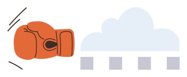 Buluta çarpan boks eldiveni gücü, rekabeti ve dijital verilerin bozulmasını sembolize ediyor. Teknoloji, yenilik, çatışma, bulut hesaplama, iş stratejisi etkisi ve enerji için ideal