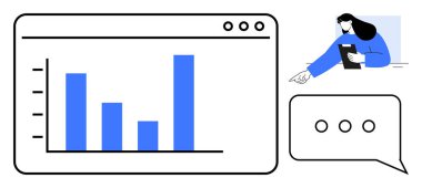 Dijital arayüz tablet gösteren ve elinde konuşma baloncuğu tutan bir kadının bar tablosu. Analiz, takım çalışması, sunumlar, iletişim, iş büyümesi, eğitim için ideal