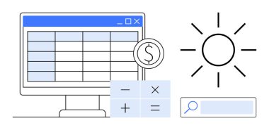 Finansal hesap tablosu, hesap düğmeleri, dolar işareti, güneş ikonu ve arama çubuğu olan bilgisayar ekranı. Finans, bütçe, muhasebe, analitik iş stratejisi zenginlik planlaması için idealdir basit