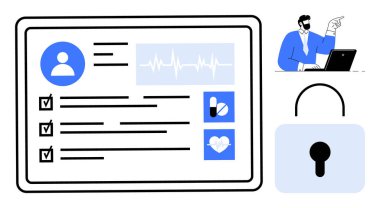 Kişisel bilgileri, kontrol listelerini, nabız grafiğini ve ilaç görüntülerini içeren dijital sağlık arayüzü. Bilgisayardaki güvenli kilit simgesini ve profesyoneli de içeriyor. Sağlık ve veri güvenliği için ideal