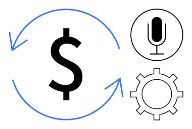 Etrafı oklarla, mikrofonla ve finans, otomasyon ve ses teknolojisiyle çevrili dolar işareti. Ekonomi, yapay zeka, fintech, ses arayüzü iş akışı otomasyon araçları için ideal basit iniş sayfası