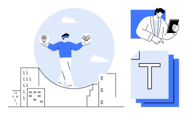 Profesyonel dengeleme fikri ve el sıkışma sembolleri, şehir manzarası, tabletli bir kişi ve metin belgeleri ile çevrili. Girişimler, yenilikler, liderlik, karar verme, problem çözme için ideal