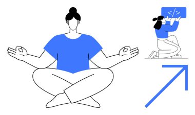 Meditasyon yapan biri, sakin duruşu olan çapraz bacaklı, kod gösterici ile diz çöken bir kodlayıcı ve yukarı doğru ok. Teknoloji, farkındalık, üretkenlik, kişisel büyüme, denge, ilerleme için ideal basit