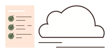 Yeşil işaretli kontrol listesi ve organizasyonu, depolamayı, veri yönetimini ve bağlantıyı temsil eden bulut çizgisi. Bulut teknolojisi, verimlilik, planlama, uzak çalışma, çevrimiçi depolama için ideal
