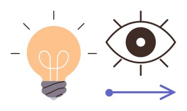 Ampul fikirler saçıyor, göz görüşü simgeliyor, ok ileri bakıyor. Yaratıcılık, yenilik, öngörü, liderlik, ilerleme stratejisi ve ilham için ideal. Basit düz metafor