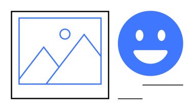 Çerçeveli, güneş ve mavi mutlu yüzlü sanat dağları. Yaratıcılık, pozitiflik, markalaşma, basitlik, modern sanat, dijital içerik ve basit iniş sayfası için ideal