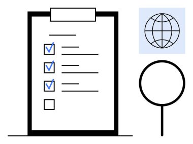 İşaretli görevleri olan kontrol listesi, uluslararası odağı vurgulayan küre ve detaylı analiz için büyüteç. Organizasyon, üretkenlik, görev izleme, küresel projeler ve araştırma için ideal