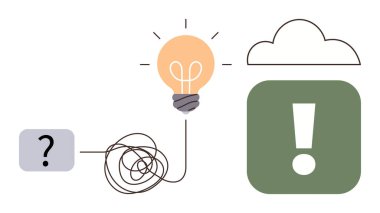 Soru işaretinden ampule ve bulutun altındaki ünlem işaretine kadar kıvrımlı bir yol. Yenilik, problem çözme, beyin fırtınası, yaratıcılık, çözüm, berraklık ve karar verme için idealdir. Basit.