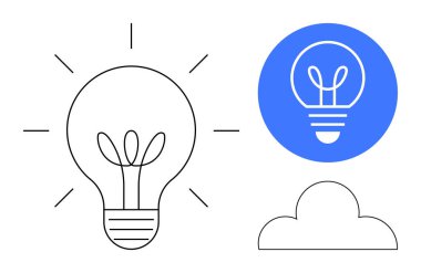 Işıklı ampul fikir üretimini sembolize ediyor, bulut ve mavi daire varyasyonlarının yanına yerleştiriliyor. Yaratıcılık, yenilik, teknoloji, beyin fırtınası, bulut hesaplama, eğitim, basit