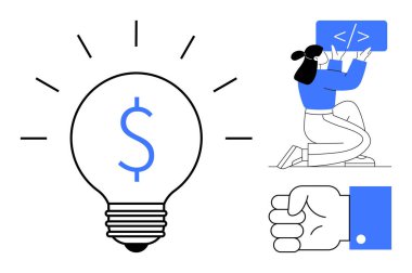 Dolar işaretli ampul, ekranda kodlanan kişi, ve yeniliği, finans, takım çalışmasını ve teknolojiyi sembolize eden sıkılmış yumruk. İş stratejisi için ideal, teknolojik girişimler, kodlama yaratıcılığı
