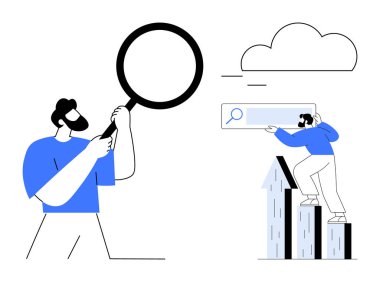 Büyüteç tutan adam, arama kutusuna tırmanan başka bir adam. Araştırma, analiz, keşif, başarı takibi, çevrimiçi veri, yenilik ve gelecekteki hedefler için idealdir. Basit düz