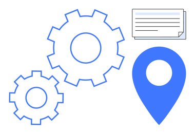 İşbirliği, iş akışı, konum tabanlı hizmetler, otomasyon, navigasyon görev planlama ve yönetimi temsil eden vites, konum kodu ve belge. Verimlilik takım çalışması için ideal bir plan. A