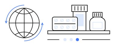 Küresel sağlık hizmetlerine erişimi, ilaç dağıtımını, ilaç ticaretini, e-ticareti, inovasyonu, sürdürülebilirliği, sade inişi temsil eden yuvarlak okları ve ilaç kapları olan dünya