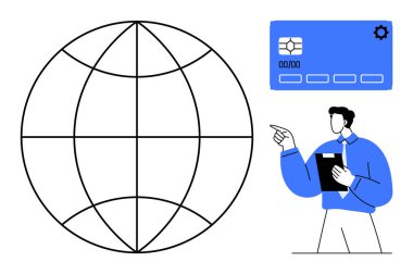 Küresel telgraf, elinde bir iş adamının dijital ödeme kartını gösteren bir pano tutuyor. Finans, e-ticaret, teknoloji, küresel ticaret, çevrimiçi hizmetler, iş stratejisi ve yenilik için ideal