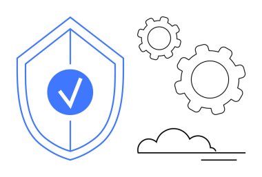 İşaretli kalkanlar, vitesler, ve bulut taşıma güvenlik, yenilik, teknoloji. Veri koruması, bulut hesaplama, siber güvenlik, otomasyon sistemi bakımı için ideal bilişim çözümleri basit