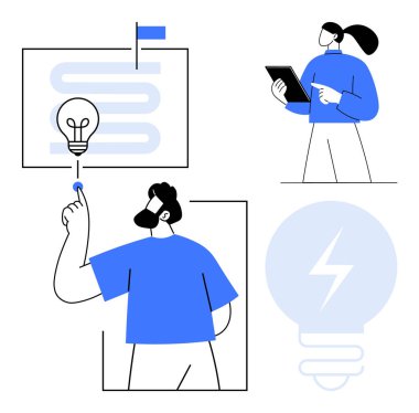 Ampul görüntüleme, dokunmatik ekran etkileşimi ve dijital tablet kullanımı ile fikirler üreten profesyoneller. Yenilik için ideal, takım çalışması, strateji, eğitim, yaratıcılık, işbirliği basit