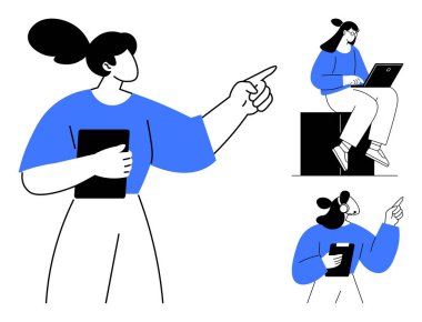 Kendine güvenen bir kadın, elinde tablet tutan bir profesyonel ve dizüstü bilgisayarla çalışan bir başkası. Liderlik için ideal, takım çalışması, eğitim, iletişim, teknoloji işyeri işbirliği. Basit düz