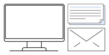 Bilgisayar monitörü, belge yığını ve iletişimi, e-postayı ve belge paylaşımını sembolize eden zarf. İdeal mesajlaşma, iş, işbirliği, teknoloji sektörü görevleri için basit daire