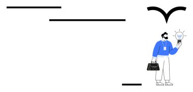 Parlayan ampulü tutan profesyonel bir adam. Üzerinde uçan kuş ve soyut doğrusal tasarım. Yenilik için ideal, problem çözme, liderlik, yaratıcılık, kişisel büyüme, ilham, basit düz