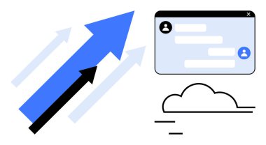 Yukarı bakan mavi ve siyah oklar, kullanıcı profilli sohbet penceresi ve sohbet baloncukları, bulut çizgisi. Başarı, büyüme, teknoloji, üretkenlik, yenilik, dijital dönüşüm için ideal