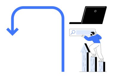 Arama çubuğu, mavi kavisli ok ve dizüstü bilgisayar tutan bir adam. Büyüme, analiz, keşif, başarı, strateji yeniliği için ideal. Temiz ve basit düz metafor