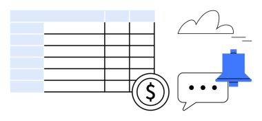 Finansal verileri, dolar simgesini, mesaj baloncuğunu, uyarı zilini ve bulut elemanını içeren bir masa. Finans, analitik, uyarı, iletişim üretkenliği bulut depolaması için ideal basit düz metafor