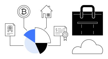 Turta şeması kripto para birimini, gayrimenkulleri, sertifikalı belgeleri, evrak çantasını ve bulutu birbirine bağlıyor. Yatırım, finans, teknoloji, emlak zinciri iş stratejisi girişimciliği için ideal