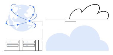 Küresel bir ağa bağlı bulut simgesi, veri depolama ve transferini gösteren iki sunucu birimine bağlı. Teknoloji, bulut hesaplama, büyük veri, internet, ağ oluşturma, yenilik, güvenlik için ideal