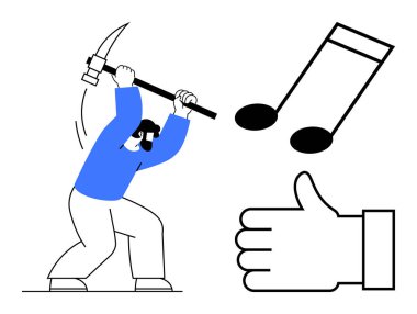 İşçi kazması, büyük bir nota ve baş parmak işareti. Takım çalışması, motivasyon, üretkenlik, müzik, çaba, geri bildirim başarı temaları için ideal basit iniş sayfası