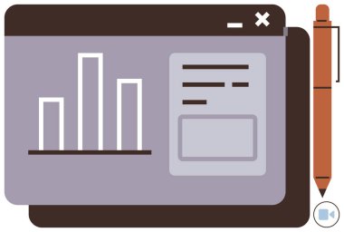 Bar tablosu, açık tarayıcı penceresindeki metin kutuları, kalem ve video konferans simgesi. Analiz, veri, yaratıcılık, iş akışı, istatistik işbirliği ve basit düz metafor için ideal