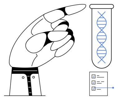 Robotik el, DNA ve kontrol listesi içeren test tüpüyle etkileşime girer. Genetik, biyoteknoloji, sağlık, yapay zeka entegrasyonu, yenilik, bilim eğitimi ve gelecekteki teknoloji için ideal. Basit düz