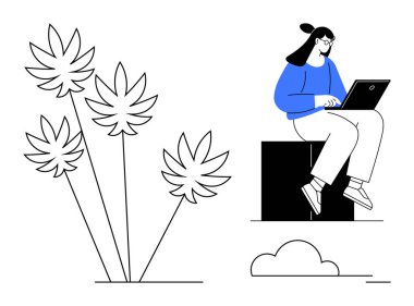 Kadın geometrik bir blokta soyut bitki şekillerinin yanında dizüstü bilgisayar ve minimum bulut kullanarak oturuyor. Uzak çalışma, doğa, üretkenlik, teknoloji, yaratıcılık, basitlik, huzur için ideal