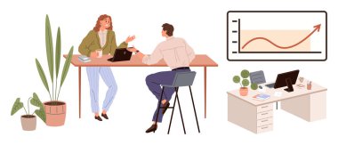 İki iş arkadaşı bir dizüstü bilgisayar, kahve ve belgelerle bir masada iş birliği yapıyor. Arkaplanda bir üretkenlik tablosu, bitkiler ve çalışma alanı elementleri yer alıyor. Takım çalışması, ofis, iş büyümesi için ideal